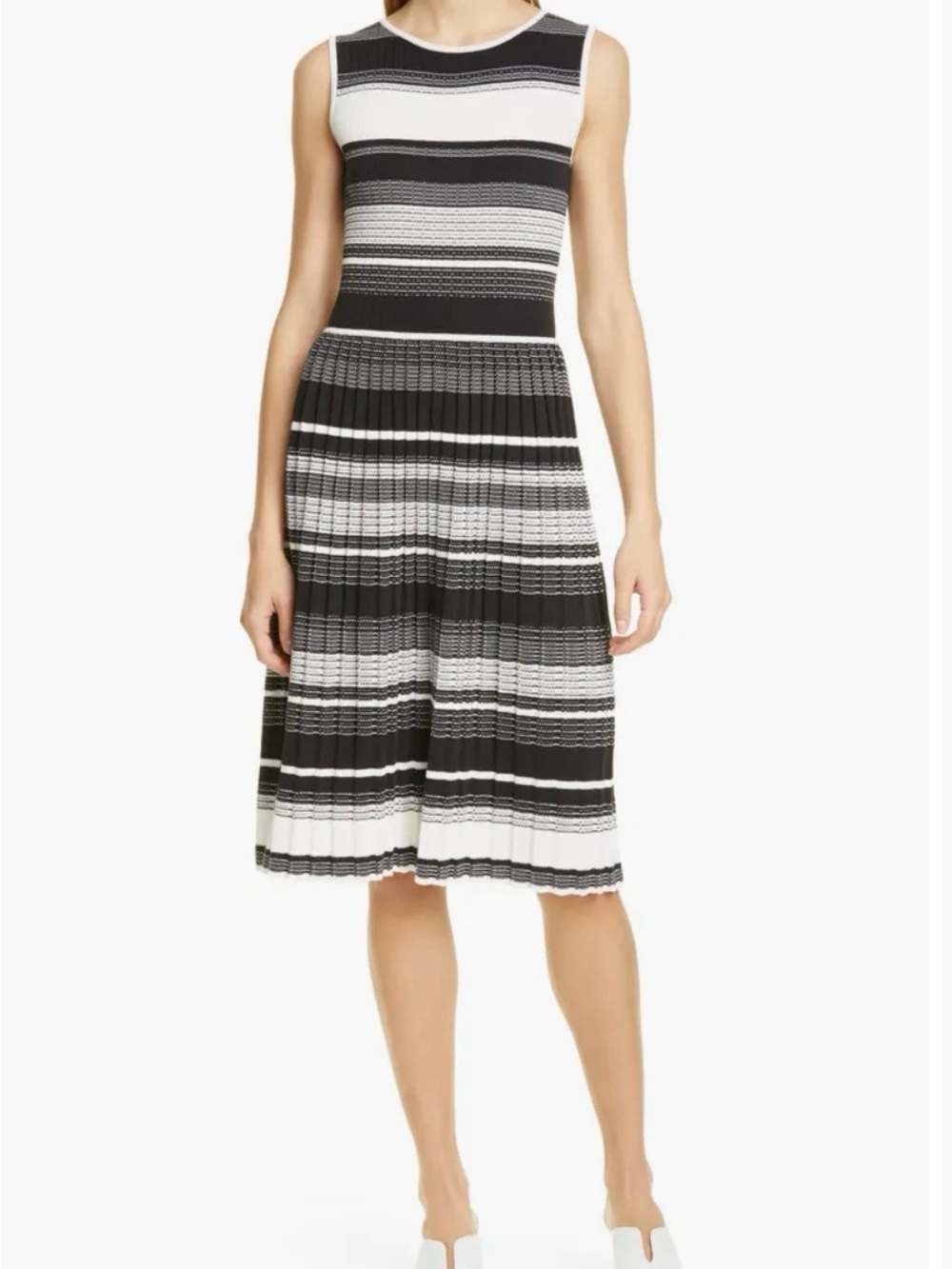 kate spade Black and White Striped Pleated Midi Dress